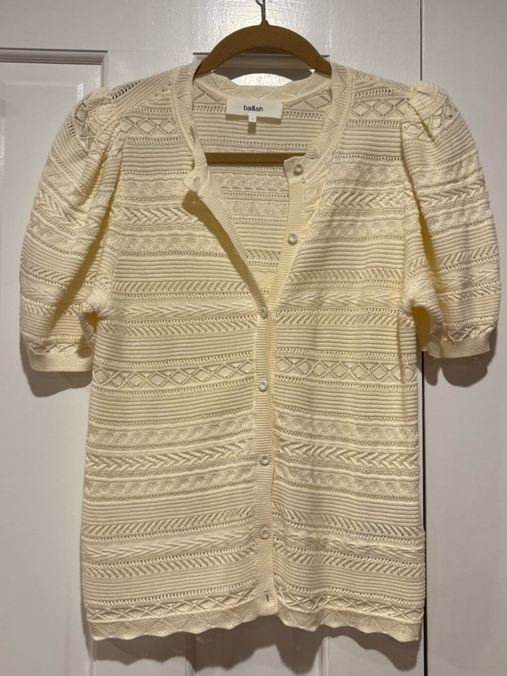 ba&sh Cream Pointelle Knit Button-Up Short Sleeve Cardigan size 1
